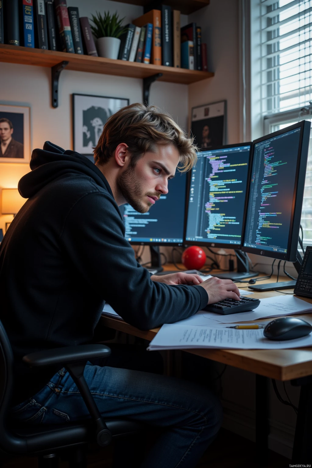 Realistic high quality photo. Male, 27, messy light‑brown hair, blue eyes, wearing a black hoodie and jeans, sitting late at a cluttered desk in a modern home office, multiple monitors displaying scrolling stack traces and hex code, surrounded by a shelf lined with old software manuals, leaning over a keyboard with a focused, irritated expression as the first light of sunrise peeks through blinds.