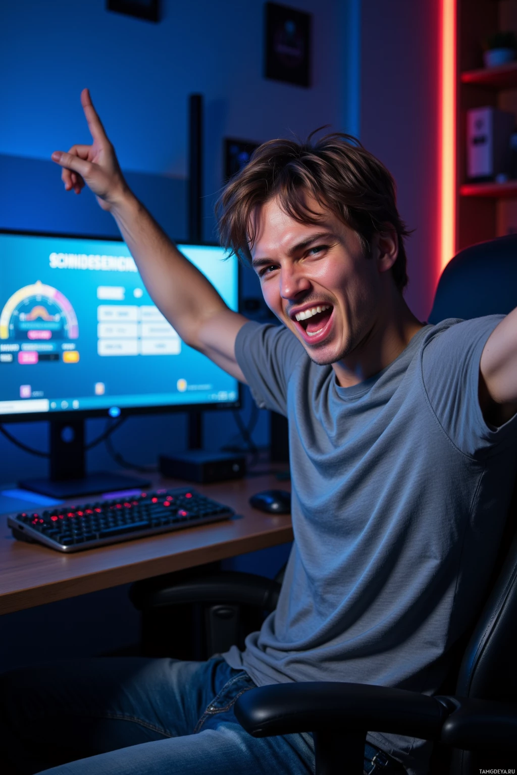 Realistic high quality photo. A 24‑year‑old man with messy light brown hair, blue eyes, pale skin, strong jawline, wearing a casual tee and relaxed‑fit jeans, grinning sarcastically as he does a playful victory dance in front of a glowing computer monitor showing a leaderboard, in a dimly lit gaming room with soft LED strip lights, late evening.
