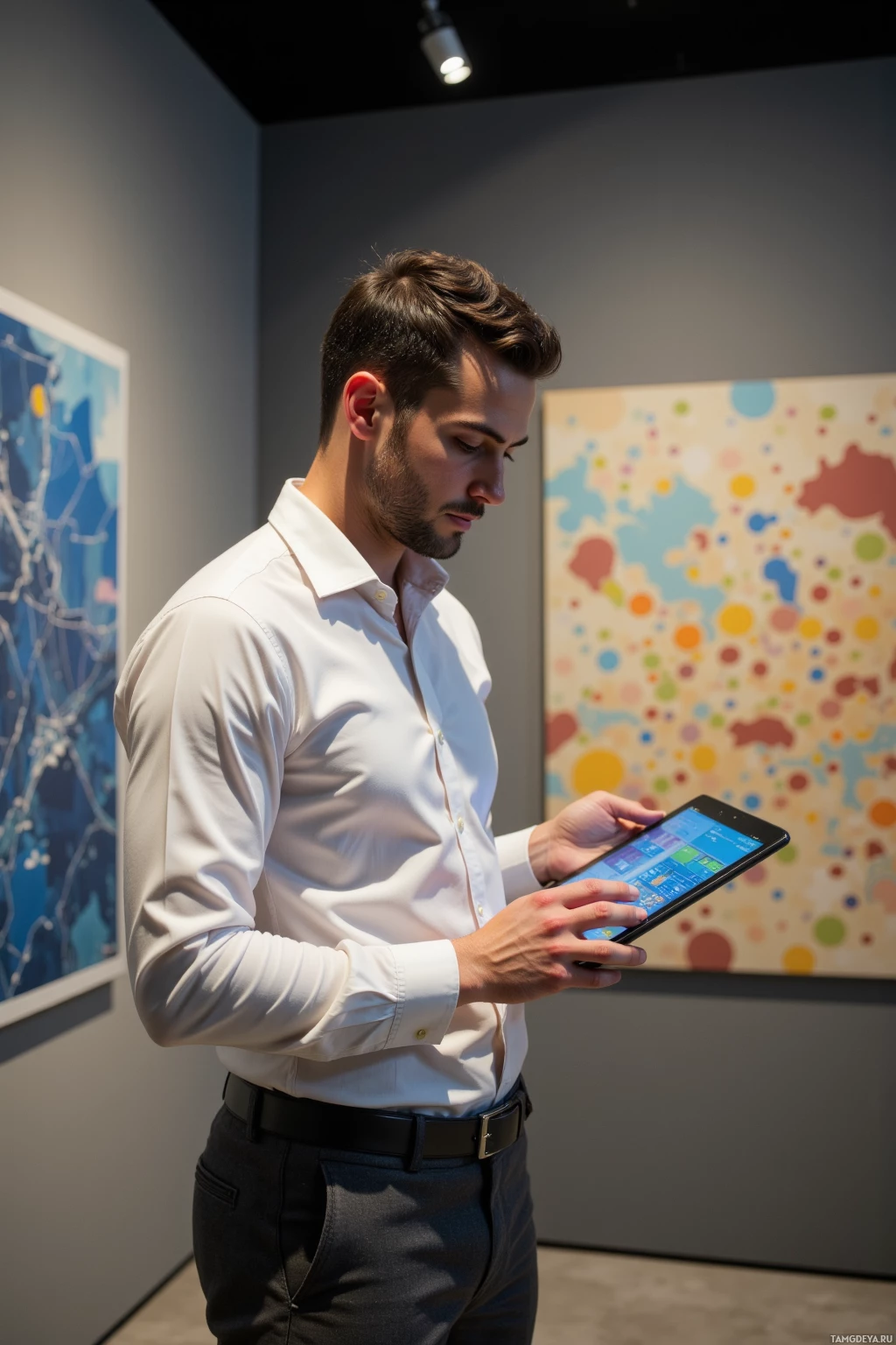 Realistic high quality photo. A 31‑year‑old man with short black hair, blue eyes, sharp cheekbones and a straight nose, dressed in a fitted white shirt and dark grey trousers, standing in a quiet gallery with muted colors, studying a digital roadmap on a tablet amid contemporary art, modern realistic lighting.