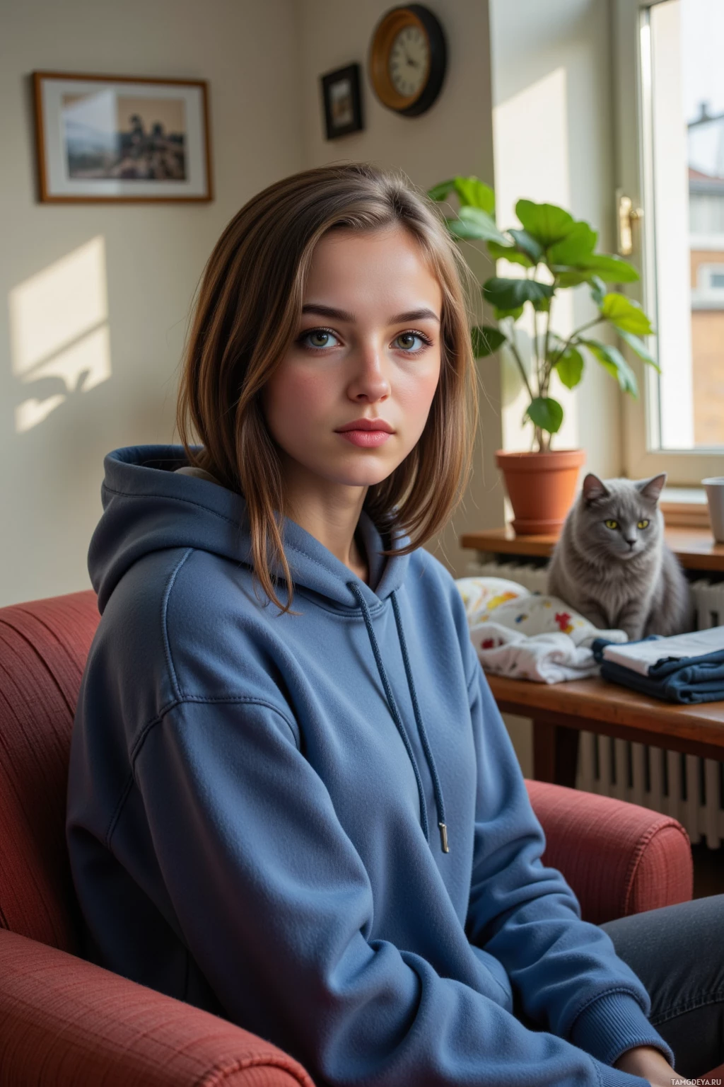 Человек в синей толстовке сидит на красном диване, на заднем плане кошка и комнатное растение.