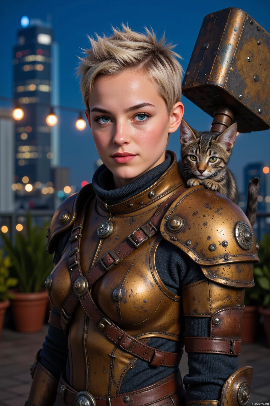 Realistic high quality photo. A fierce 24‑year‑old woman with short spiky blonde hair, striking blue eyes, wearing weathered leather armor with brass accents and a massive hammer slung over her shoulder, stands on a quiet rooftop garden at night surrounded by lush potted plants and glimmering city lights, a tiny stray kitten curled beside her as she smiles warmly, embodying protective resolve.
