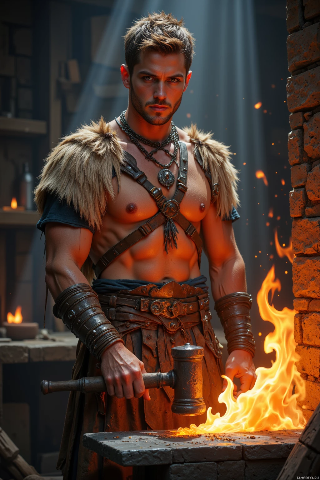 Realistic high quality photo. A 38‑year‑old strong warrior with short light brown hair, piercing blue eyes, fit muscular build, wearing traditional warrior clothing of natural fibers adorned with feather accents and beadwork, standing before a glowing forge in a stone workshop, hammer striking an anvil, flames illuminating his calm focused expression, reflecting honor and duty.