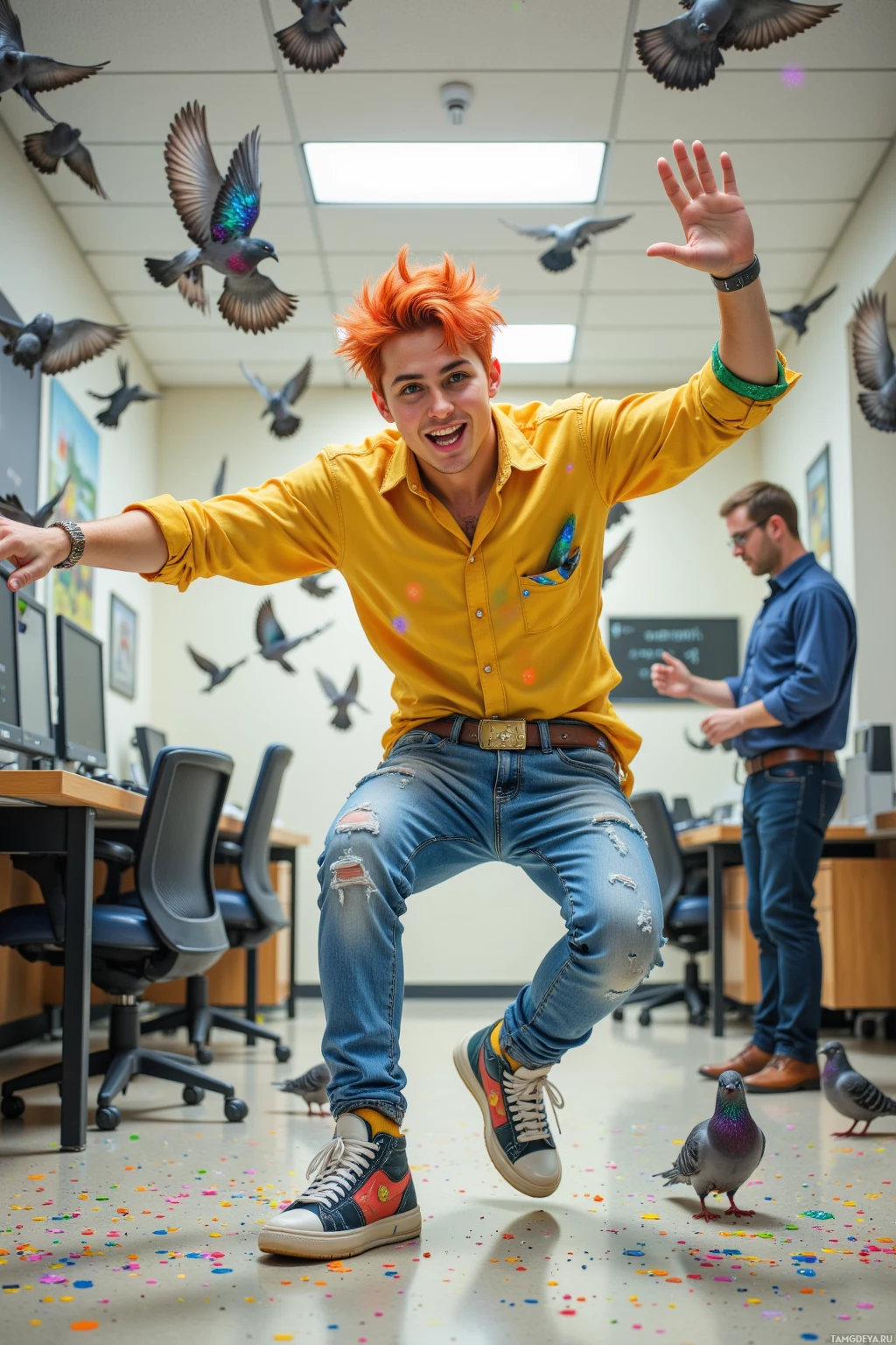 Realistic high quality photo. Young male office worker with bright orange hair, fiery red streaks, green eyes, freckles, wearing a bright yellow shirt, blue jeans, oversized sneakers and colorful accessories, breakdancing like a malfunctioning robot in a bright office hallway swirling with glitter‑laden pigeons, glitter confetti, cubicle chairs turned obstacle course, boss laughing, modern realism.