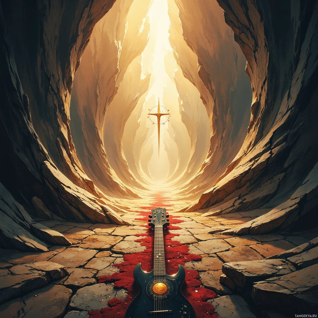 Сюрреалистичный образ гитары в пещере, ведущей к яркому свету в конце.