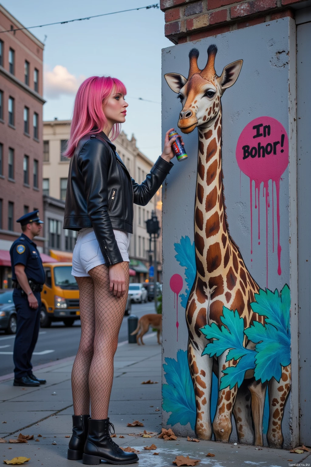 Realistic high quality photo. Female, 22, bright pink bob, green eyes, wearing ripped fishnet tights, black leather jacket, white crop top, heavy‑soled boots, spray can in hand, standing on a gray crime‑scene‑like wall in an urban street at dusk, painting a rebellious giraffe while a police officer in uniform looks on, a stray dog at the corner looks up, and a paint truck parked nearby.