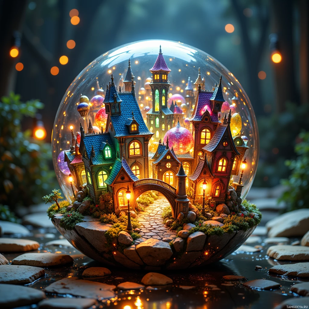 Semi-abstract image with many light, that is suitable for the post:  Translucent glass sphere filled with a miniature hand‑crafted city of repurposed glass beads, tiny streets, flickering streetlamps, hidden alleyways and bridges, rotating slowly on a concealed gyroscope.