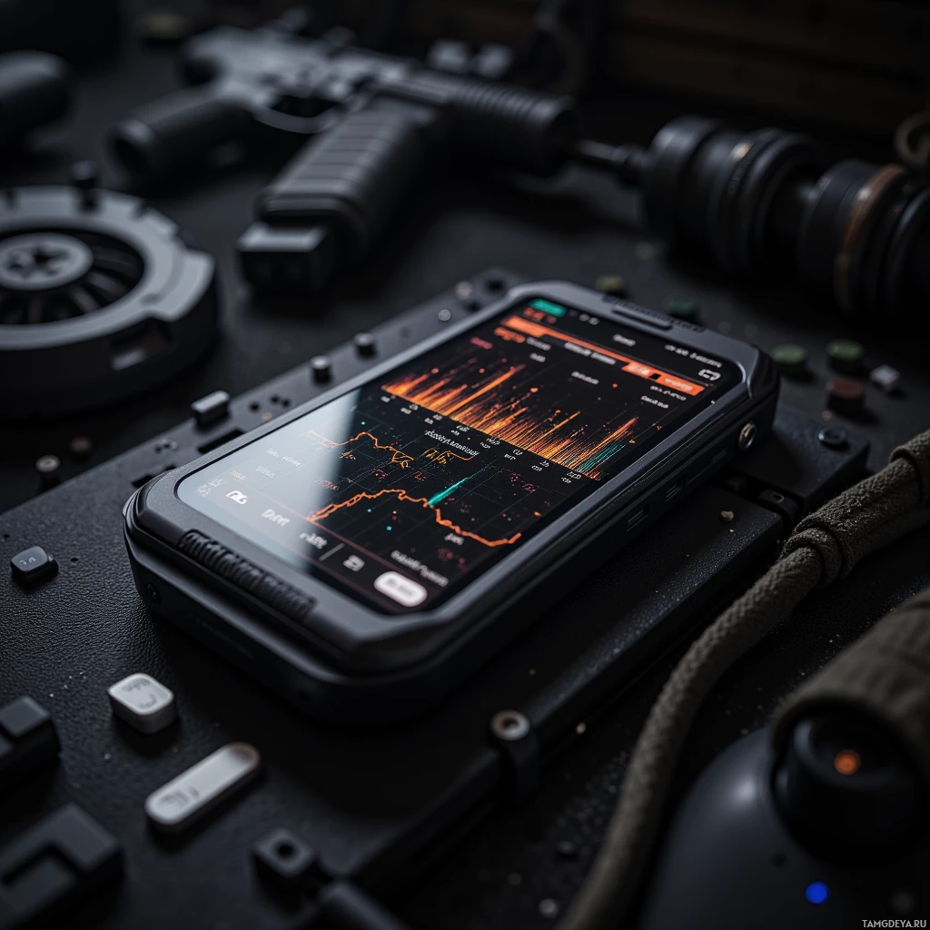 На прорезиненной темной поверхности, среди электронных компонентов, лежит прочный смартфон с отображенным графиком.