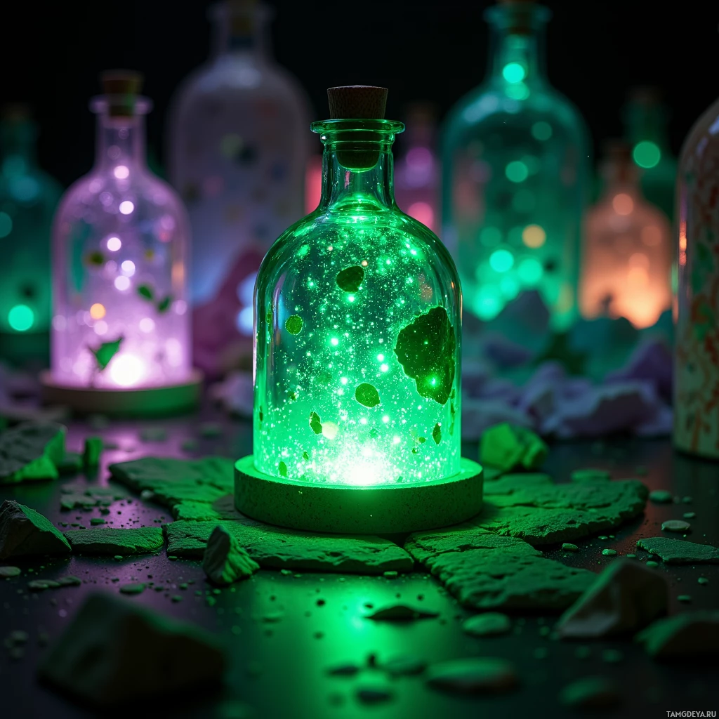 Semi-abstract image with many light, that is suitable for the post:  tiny translucent dome lantern crafted from recycled glass bottle with integrated solar cells, core of glowing green bioluminescent biofilm, pulsing eco‑friendly light in a pocket‑sized, whimsical design