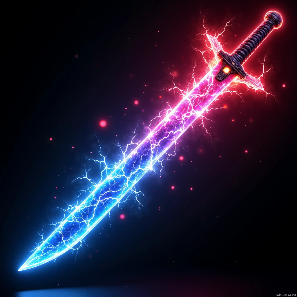 Semi-abstract image with many light, that is suitable for the post:  A hypercore plasma katana with an iridescent sheath shifting neon blue and crimson, a matte black grip with a quick‑swipe control panel, a blade pulsing with visible plasma arcs, and an adaptive translucent energy field enveloping the blade when activated, rendered in vivid sci‑fi detail.