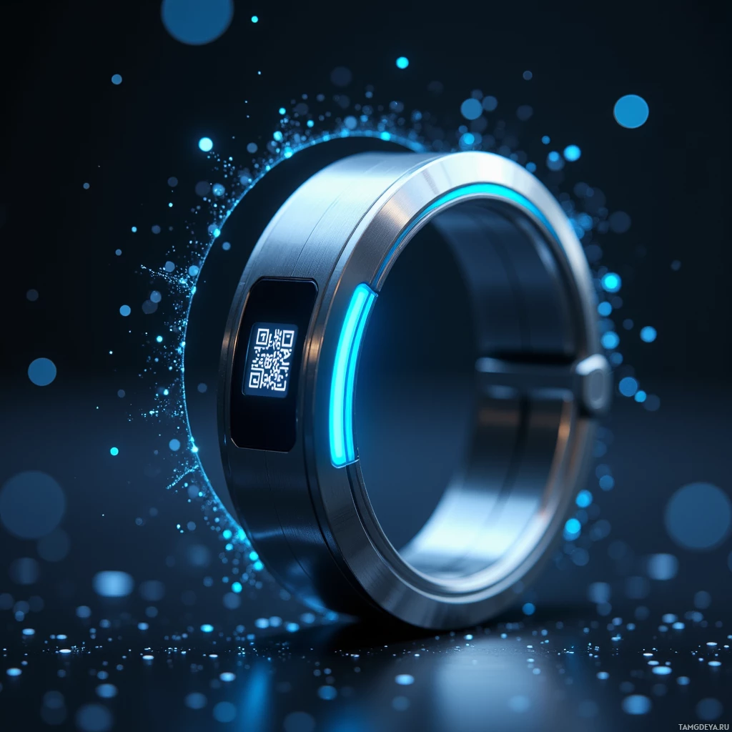 Semi-abstract image with many light, that is suitable for the post:  Sleek titanium bracelet with a small integrated OLED display, polished metal band, neon blue LED flashing, QR code scanner built into the band, futuristic minimalist tech aesthetic.