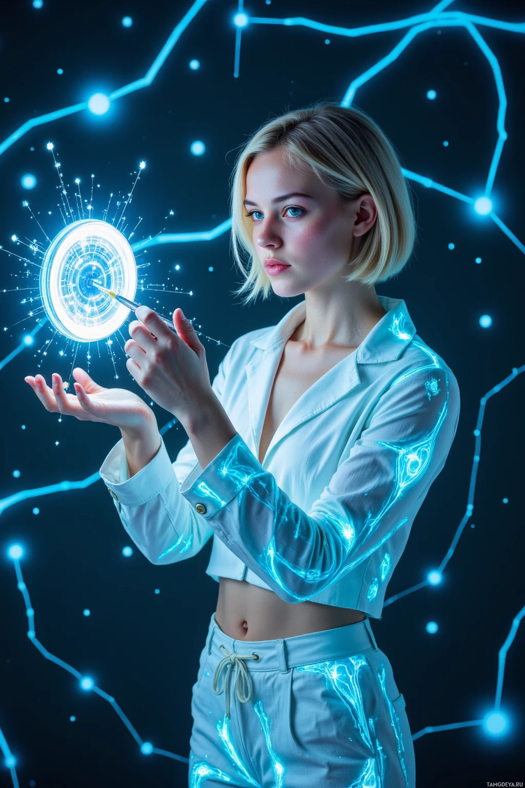 Realistic high quality photo. Woman, 31, short blonde hair, blue‑green glowing eyes, delicate features, wearing a softly glowing bioluminescent suit with loose pants and flowing top, stands in a synth‑lit maze of projected constellations, clutching a holographic brush, hands trembling as she tightens shimmering threads against a floating orbital clock, her focused expression revealing creative precision and stubborn determination.