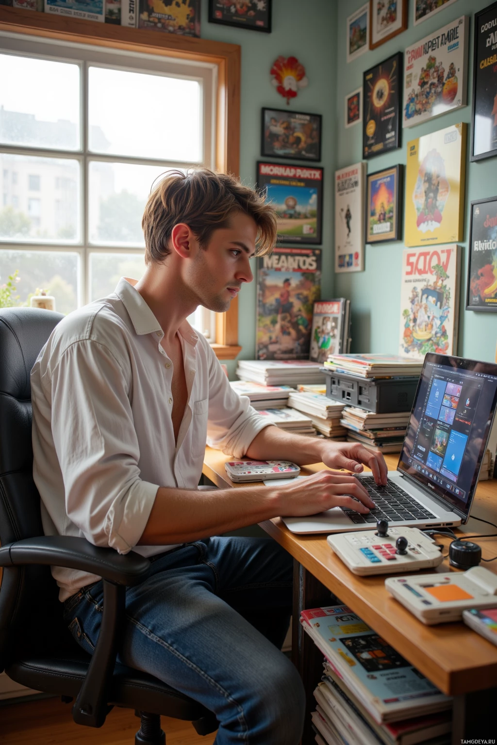 Realistic high quality photo. 29‑year‑old man with short brown hair, blue eyes, wearing a loose white shirt and dark jeans, impatiently scrolling on a laptop beside a dusty 1980s joystick on a wooden desk, surrounded by piles of retro gaming magazines, morning light streaming through a window, in a modern home office.