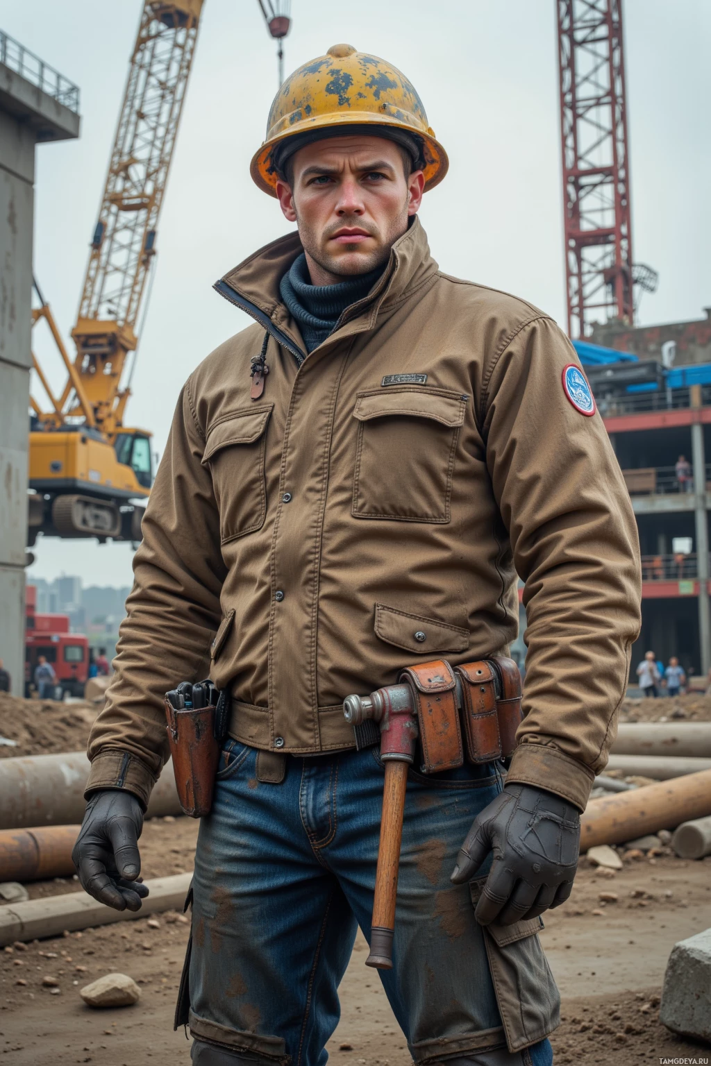 Realistic high quality photo. A rugged construction worker, 29, short buzz cut, blonde hair, blue eyes, fair skin, prominent jawline, wearing a heavy‑duty jacket, hard hat, and sturdy work boots, holding a jackhammer in his pocket, standing in front of a stalled crane on a bustling construction site at day, with a determined yet slightly sarcastic expression.