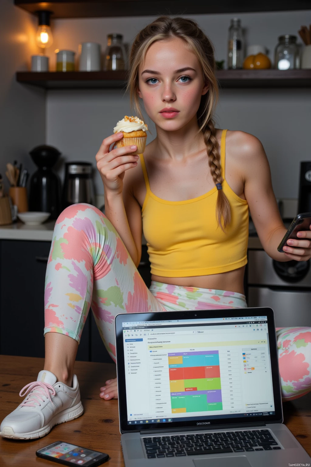 Человек в жёлтой кофте и ярких лосинах сидит за столом с ноутбуком, держа в руках кекс и телефон.