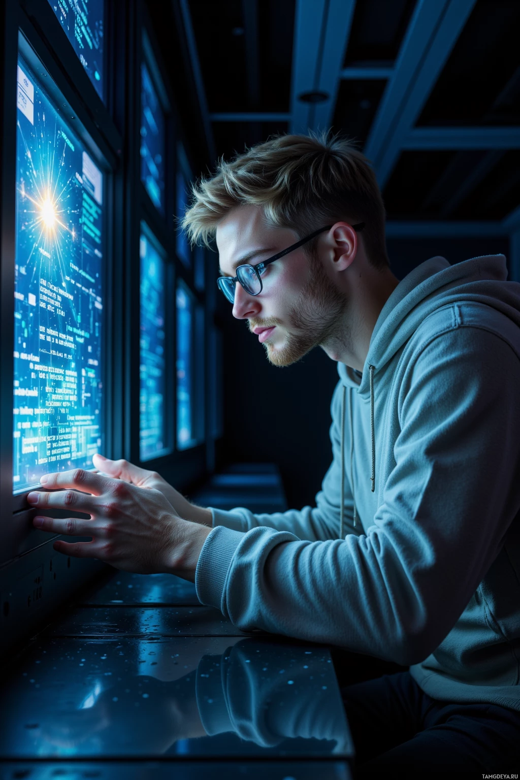 В полумраке комнаты человек в очках и толстовке работает за компьютером.