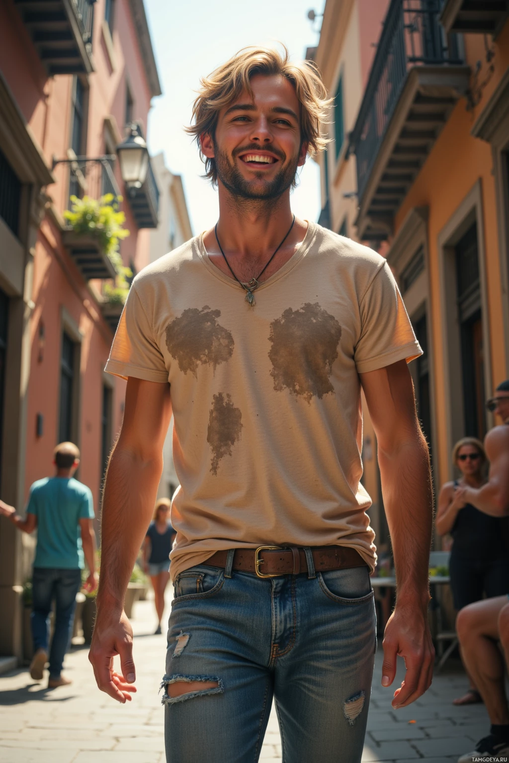 Realistic high quality photo. A 22-year-old man with messy blonde hair, bright blue eyes, light complexion, wearing a faded T-shirt and loose jeans, laughing and walking through a sunlit alley while a saxophonist plays, late afternoon light filtering through narrow walls creating a spontaneous street jam vibe.