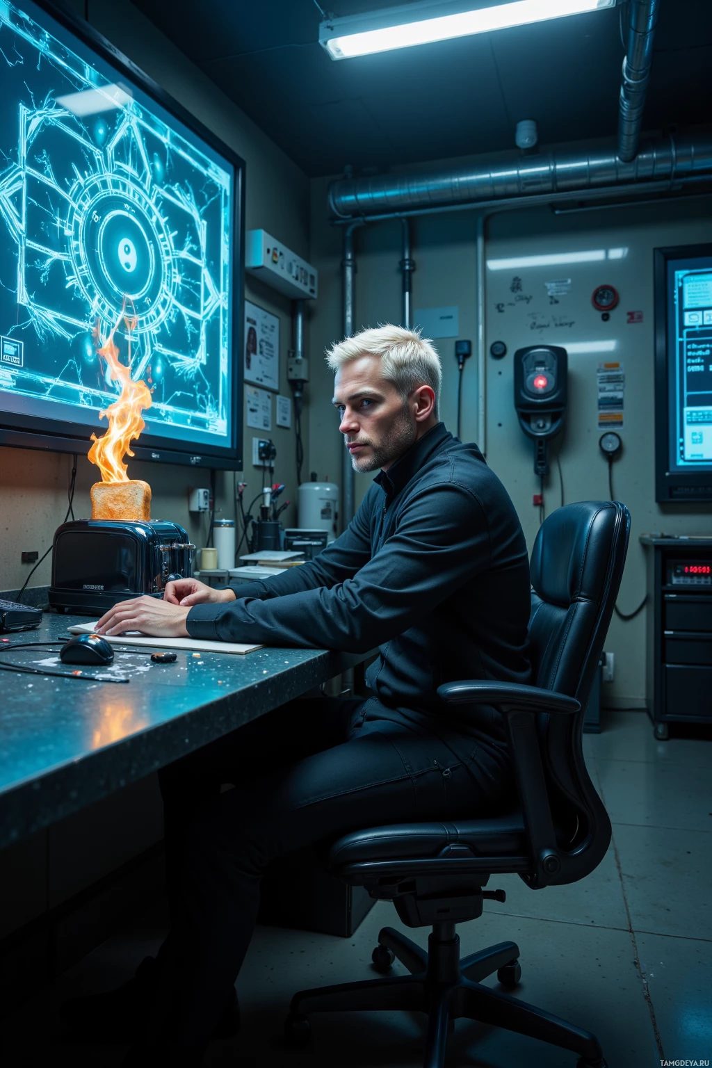 Мужчина сидит за столом в полумраке, работая за компьютером с большим экраном, на котором отображена сложная схема.