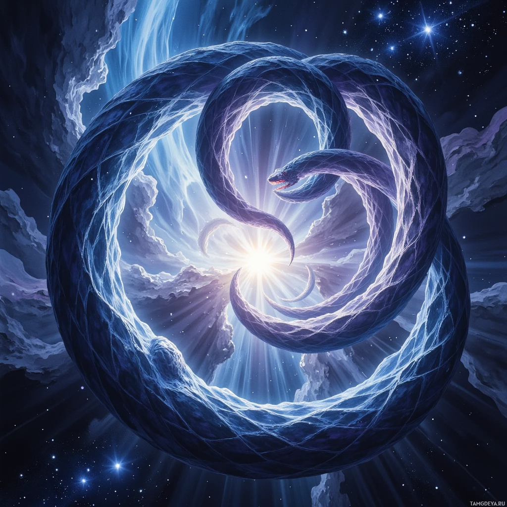 Космический змей с сияющей головой и сложной чешуей извивается в звёздном, неземном небе.