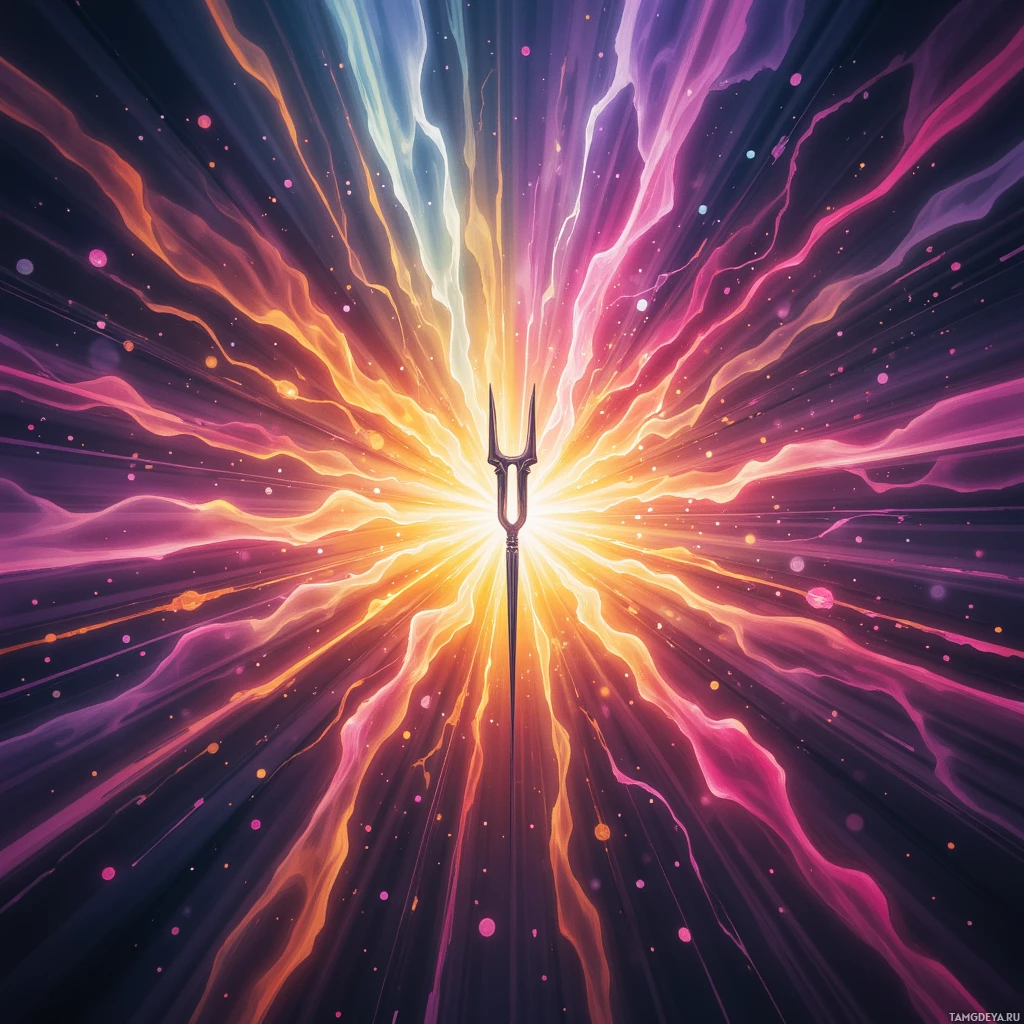 Яркая, сияющая вспышка света с центральным раздвоенным объектом, излучающим разноцветные, динамичные лучи энергии.