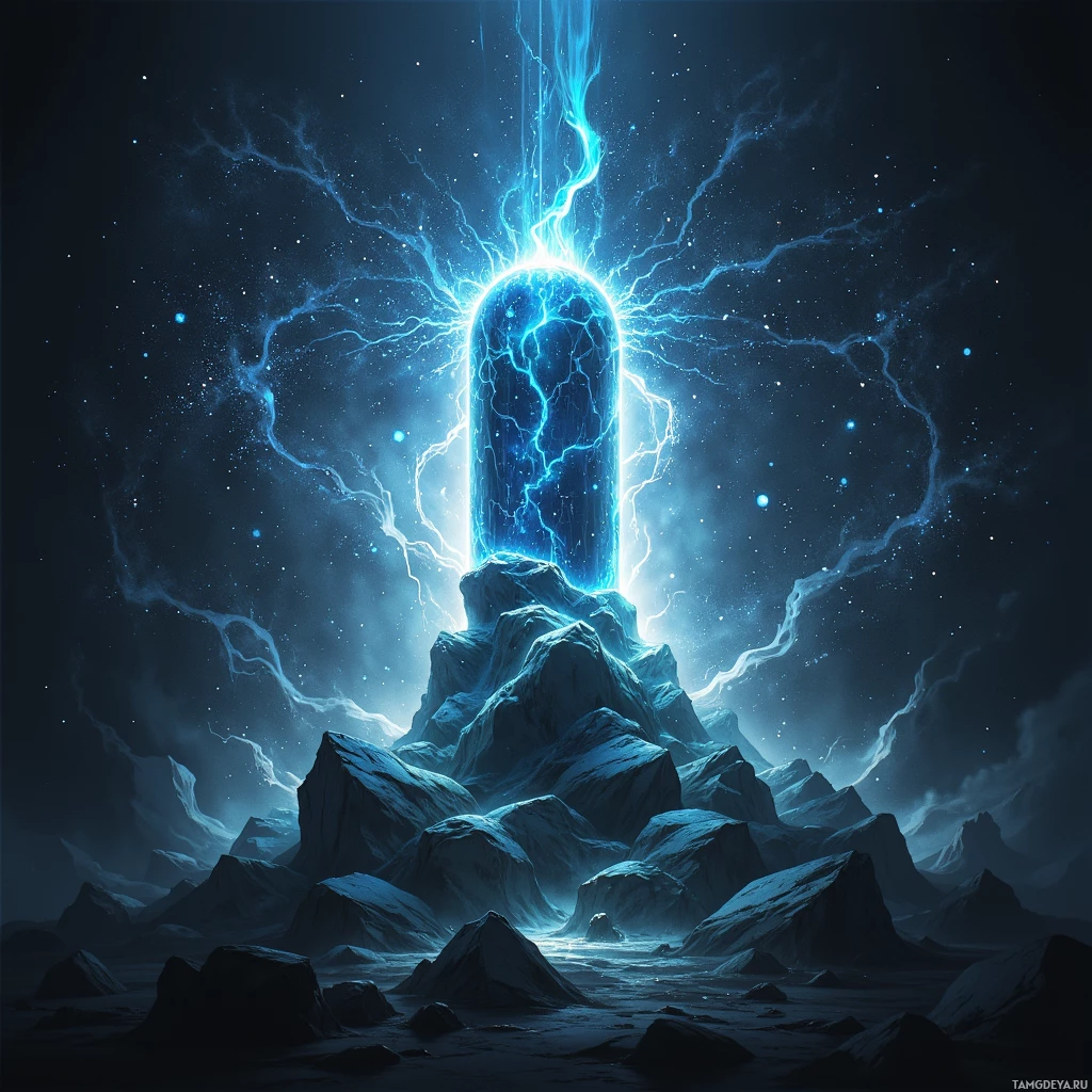 Сверкающий синий столб энергии вздымается над каменистым ландшафтом под звездным небом.