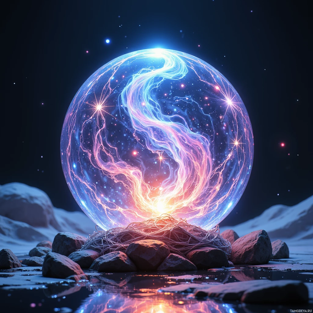 Сияющий, неземной шар покоится на камнях, излучая яркий, космический свет на фоне звездного ночного неба.