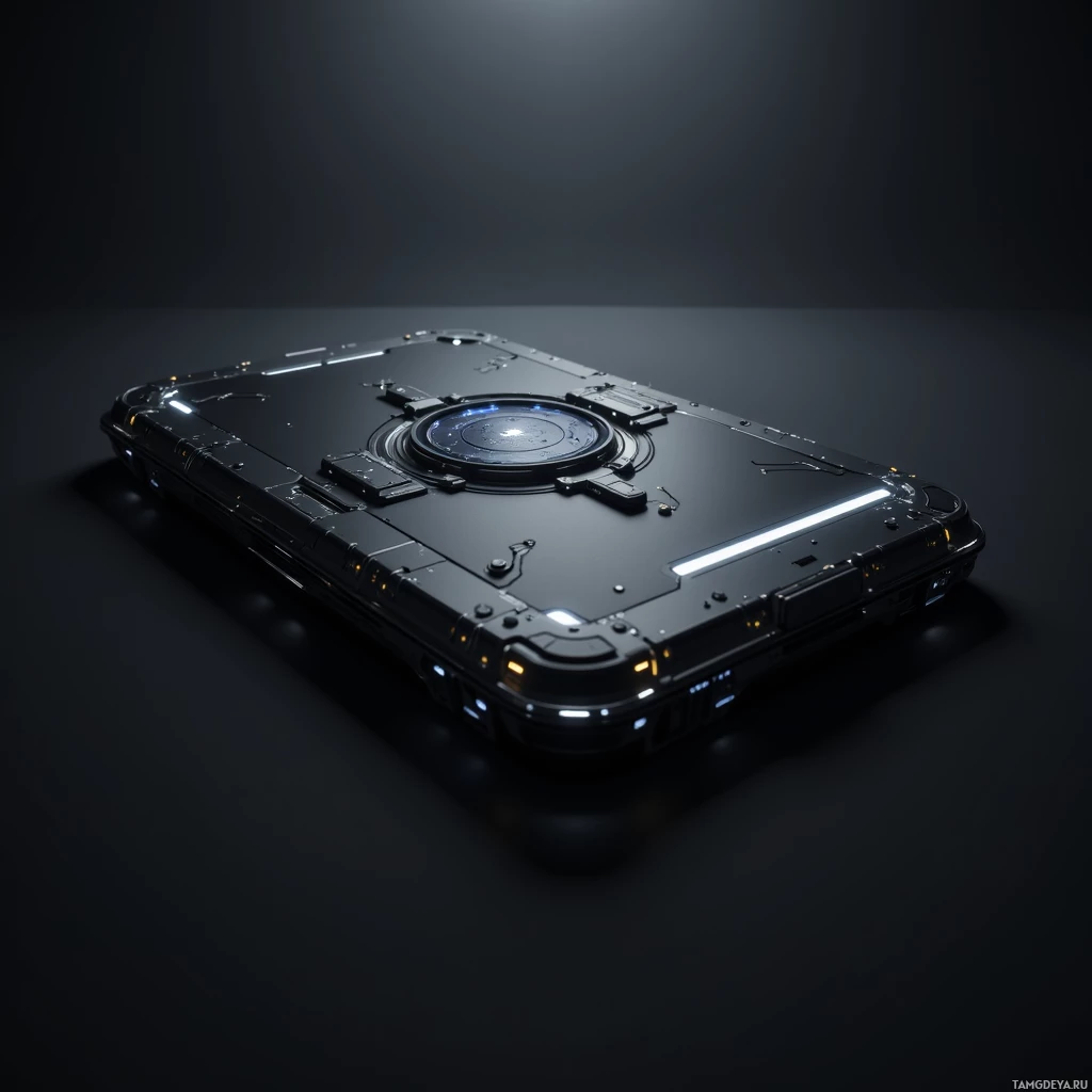 Футуристическое черное прямоугольное устройство с переливающейся сине-оранжевой подсветкой и сложной детализацией.