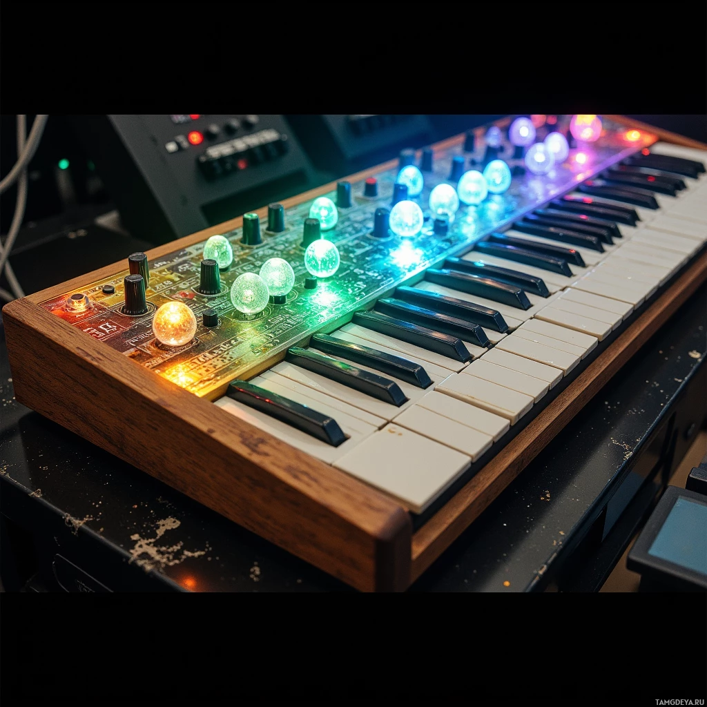 Semi-abstract image with many light, that is suitable for the post:  61‑key synth carved from reclaimed cedar, translucent glass face glowing in microtonal hues, minimalist sleek design.