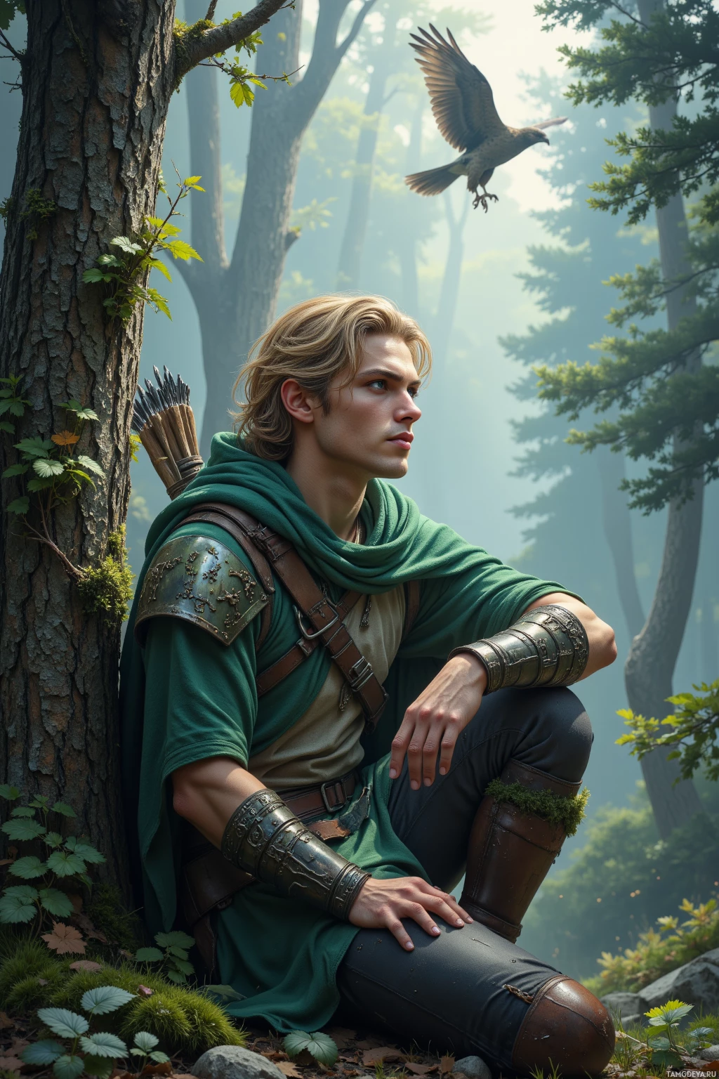 Мужчина в средневековой одежде сидит в лесу, прислонившись к дереву, на спине у него колчан со стрелами, а рядом кружит ястреб.