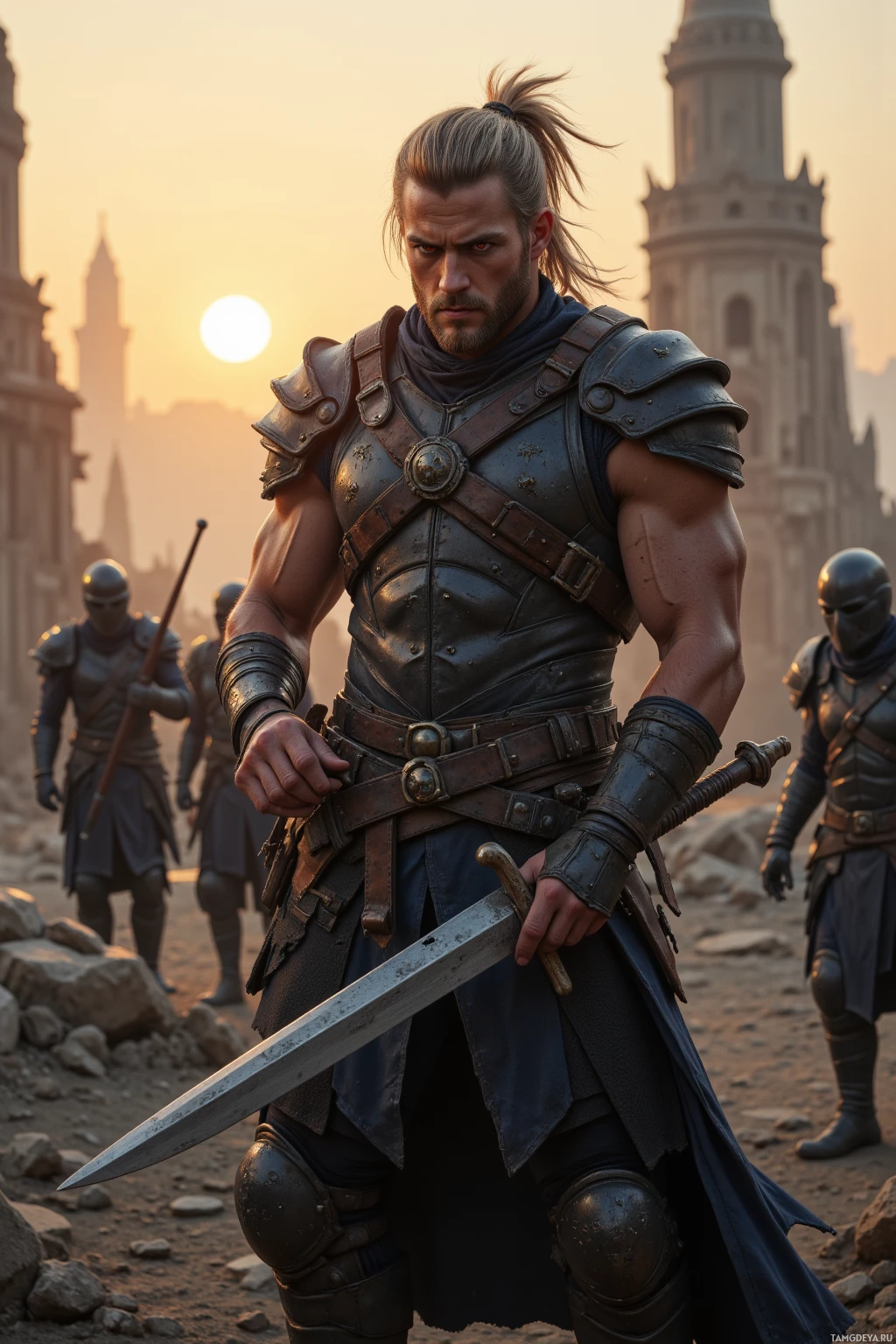 Realistic high quality photo. A tall, muscular male warrior, 40, with blonde hair in a rough ponytail, piercing red eyes, battle scars, dark armor and exposed hands, polishing a gleaming blade in a ruined post‑apocalyptic city at sunrise, wind whipping through broken towers as his ragtag crew waits in the background for the next kill.