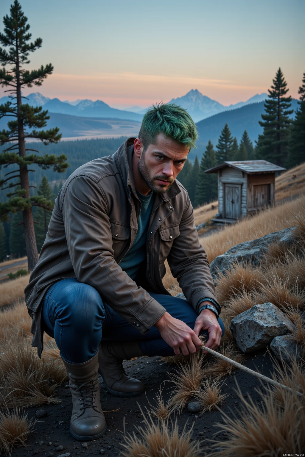 Realistic high quality photo. A stocky man in his 30s with short mossy green hair, piercing blue eyes, pale skin, wearing a worn, weathered jacket and durable pants, tightening rope cords that secure dry brush along a firebreak on a ridge at twilight, with an abandoned well, a marked old road, and wind‑ruffled pine trees in a post‑apocalyptic landscape.