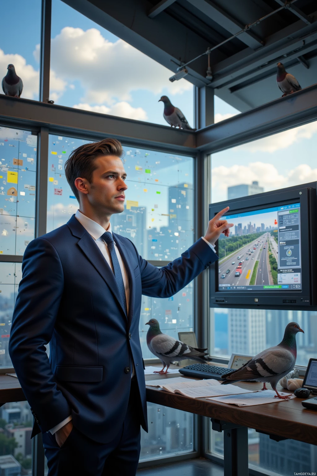 Мужчина в костюме стоит в офисе, на подоконнике сидят голуби, и он указывает на монитор, на котором изображен городской пейзаж.