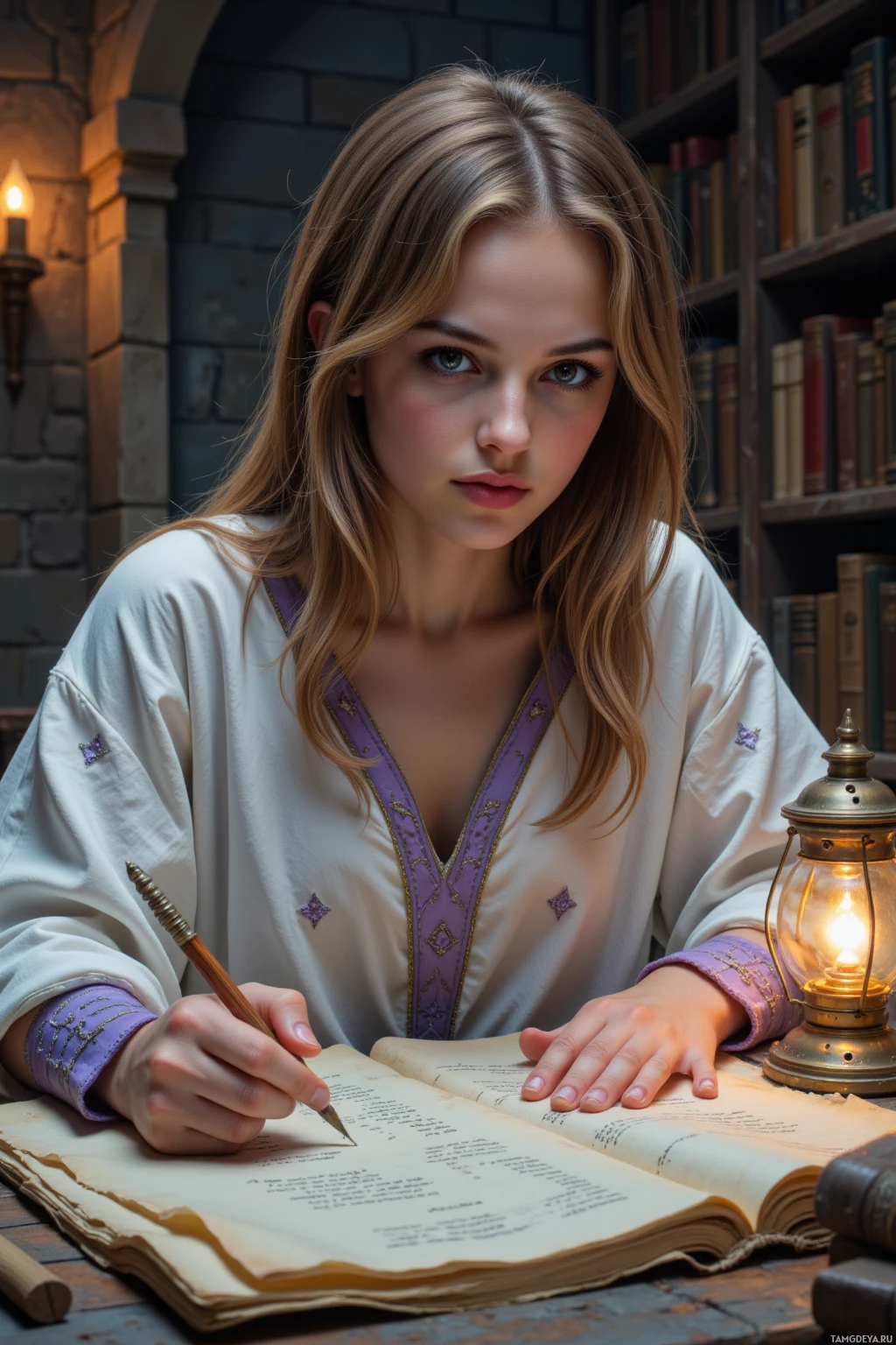 Realistic high quality photo. A woman with shoulder-length light brown hair, golden eyes, porcelain skin, wearing a flowing white tunic adorned with lavender geometric patterns and lavender armor elements, hunched over an open parchment in a dim stone‑walled archive illuminated by a flickering lantern, tracing ancient legend lines with a quill amid towering shelves of dusty scrolls and tomes.