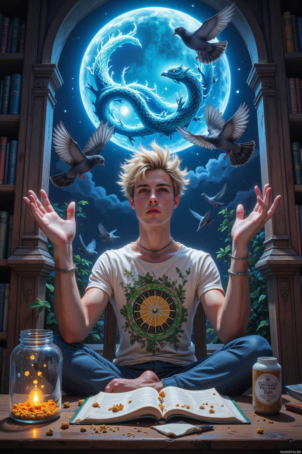 Realistic high quality photo. A quirky fantasy author, male, 30, short light blonde hair, bright blue‑green eyes, wearing a relaxed graphic tee with dragon art and casual jeans, sits at a wooden desk in a moonlit library, juggling a broken sundial and a jar of moon dust while pigeons scatter crumbs, with swirling neon dragon motifs and whimsical Tik‑Tok slang text floating around, exuding playful impatience.