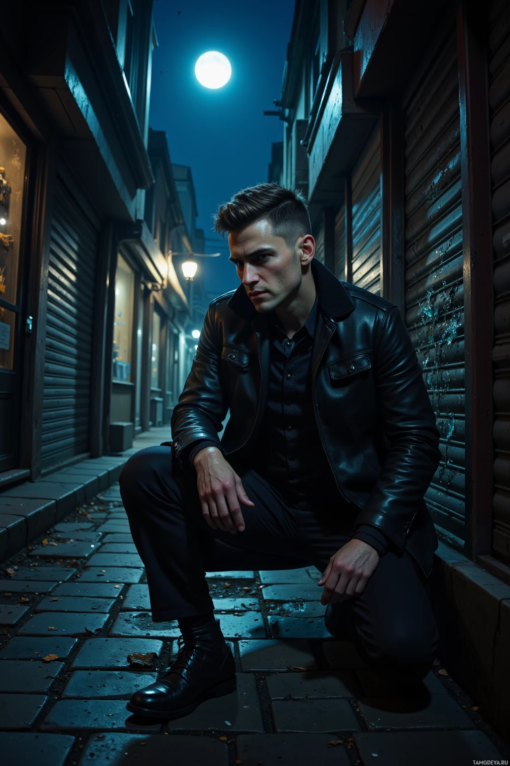 Realistic high quality photo. Tall, 39‑year‑old male private investigator with short dark hair, piercing blue eyes, pale skin, sharp jawline, wearing a worn leather coat, stands in a moonlit alley beside a shuttered shop, crouched and listening intently, his gaze fixed on a hidden clue behind shattered glass, faint moonlight reflecting off broken shards.