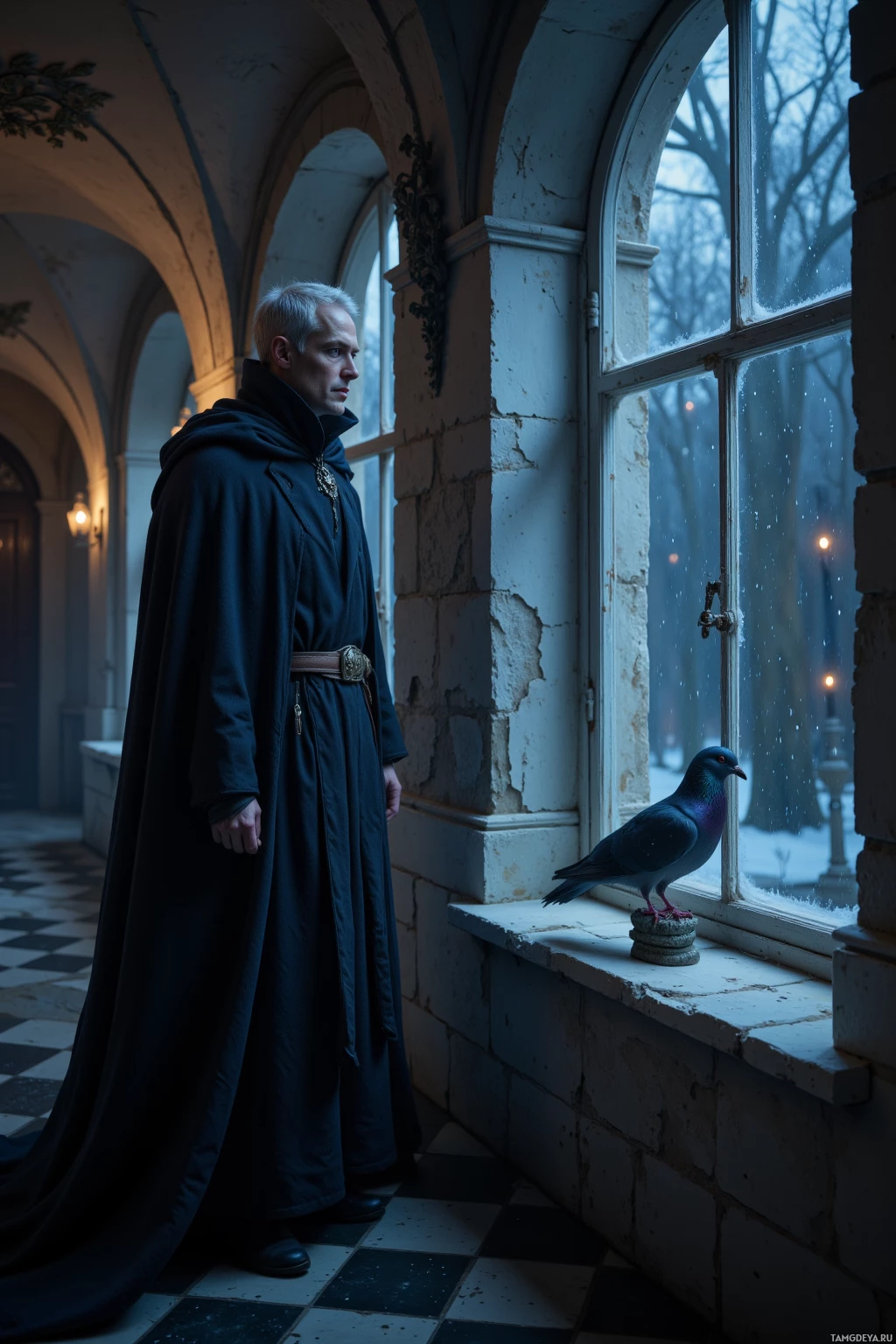 Realistic high quality photo. An enigmatic 34‑year‑old man with short silver hair, pale skin, piercing blue eyes, wearing a dark, flowing cloak that blends into a dimly lit hallway of a party, whispers to the night sky outside a window while a pigeon sits on a chessboard playing a knight piece, wind swirling around him as he remains a shadowy phantom.