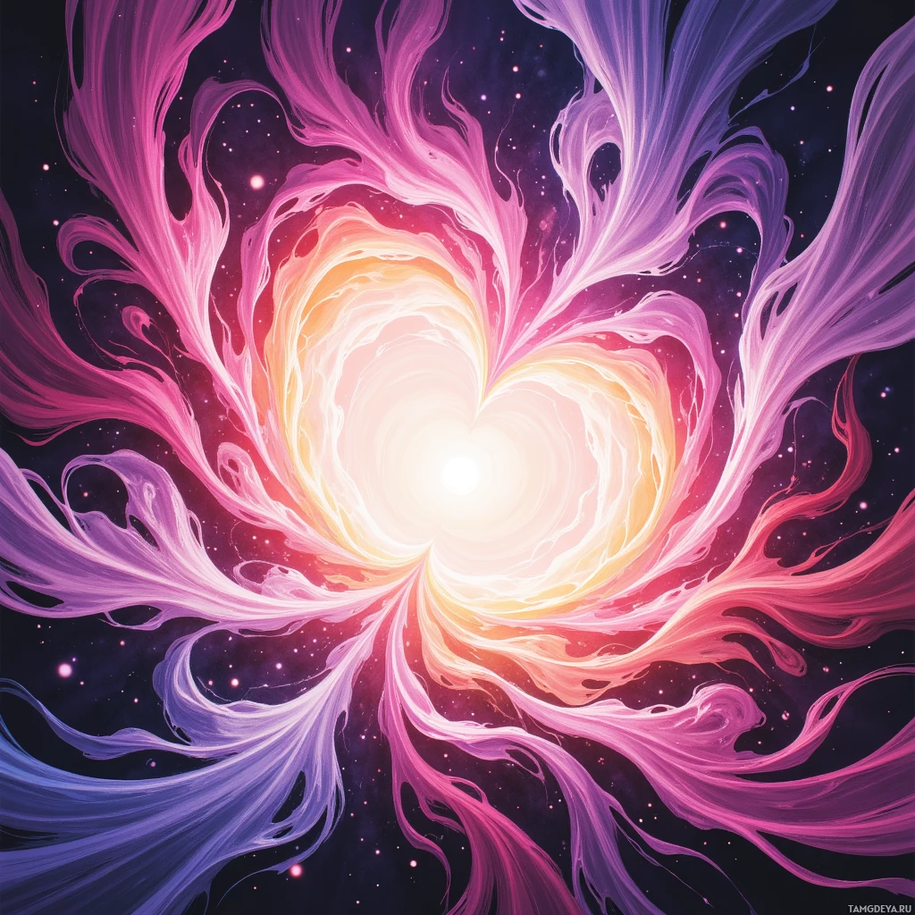 Яркий космический вихрь, переливающийся розовыми и фиолетовыми оттенками на фоне звездного неба.