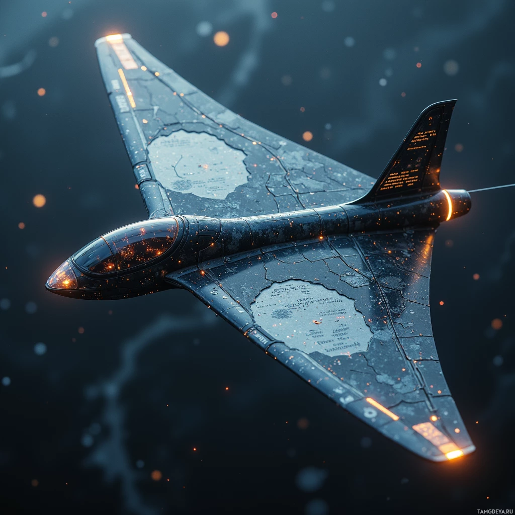 Semi-abstract image with many light, that is suitable for the post:  A hand‑crafted carbon‑fiber folding glider with smooth lattice wings of integrated solar cells and lightweight alloy, revealing a subtle HUD overlay of topographic maps and philosophical quotes, with faintly glowing sensor panels on the wings, all rendered in sleek, matte finish.