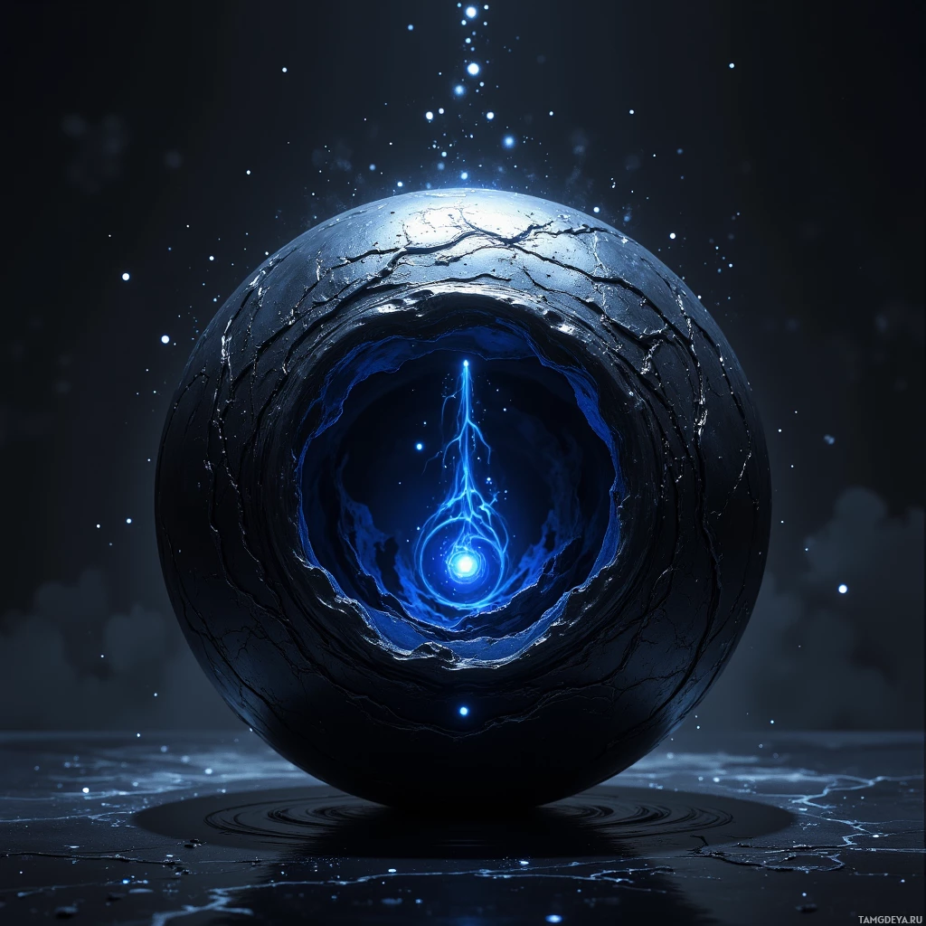Semi-abstract image with many light, that is suitable for the post:  Obsidian fist‑sized orb, glossy liquid‑black surface that absorbs all light, etched with faint pulsing sigils, a subtle dark core glowing in deep midnight blue, matte black with swirling shadowed accents.