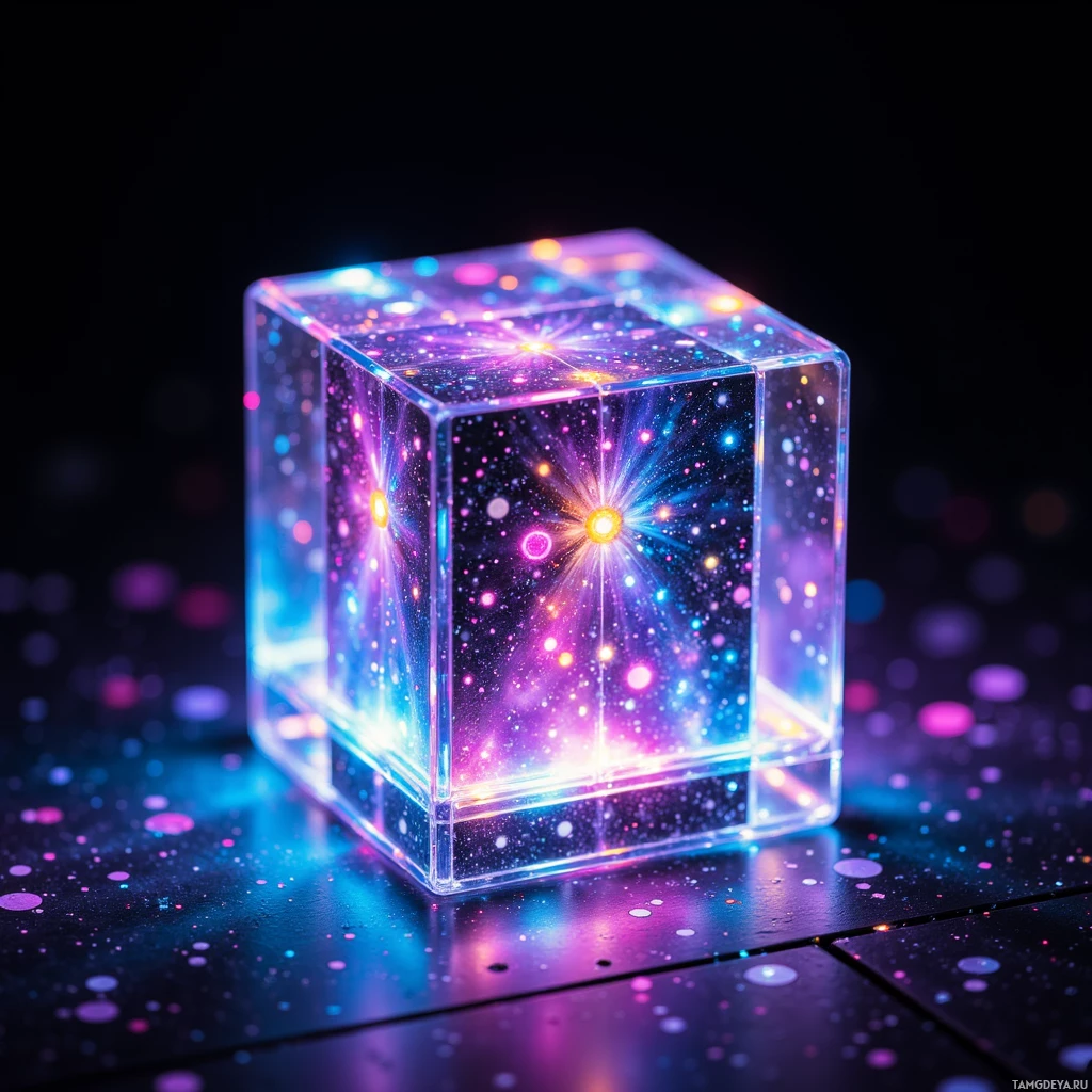 Semi-abstract image with many light, that is suitable for the post:  Tiny polished glass cube with an embedded LED matrix and micro‑lens array that refracts city neon into constantly shifting color gradients inside, sleek minimalist design, no moving parts, vibrant holographic light play.