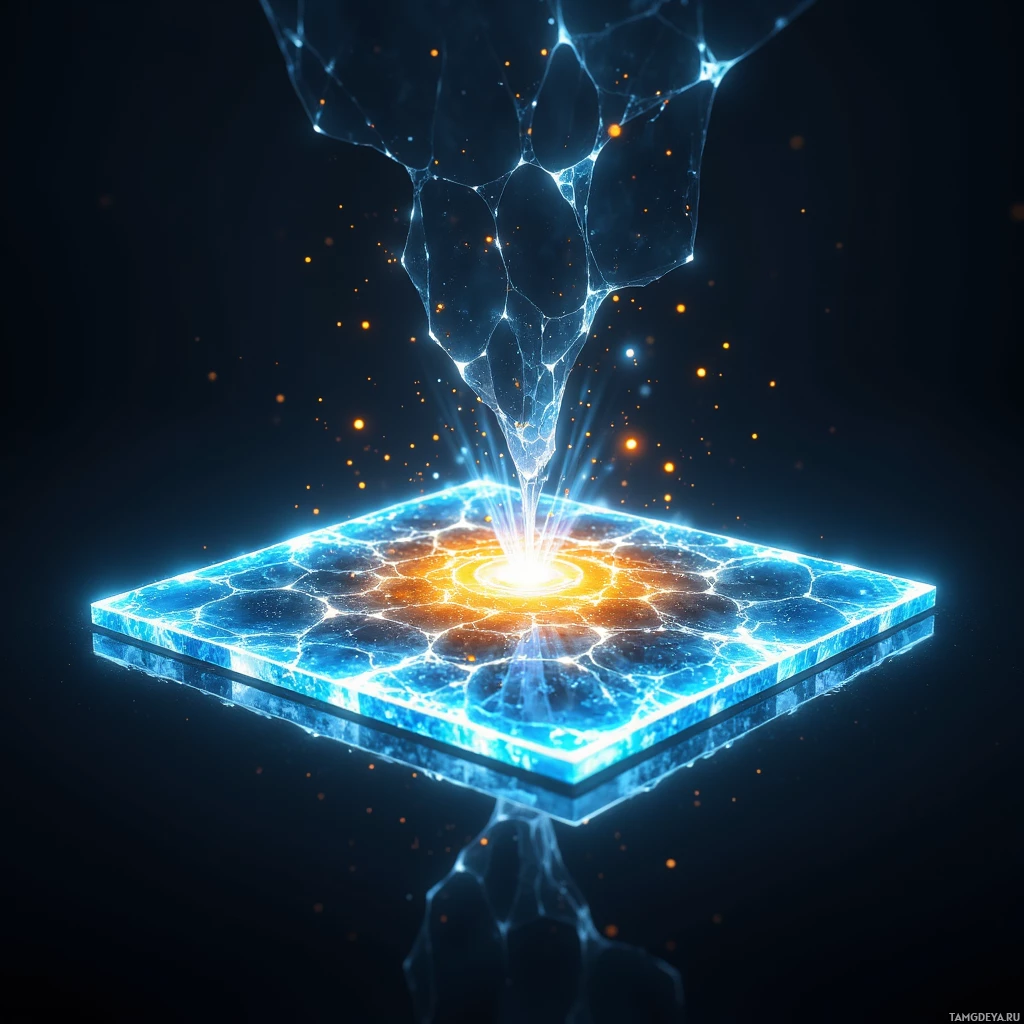 Semi-abstract image with many light, that is suitable for the post:  A translucent graphene display tablet, edges cut to a single 1 mm line, glass‑like ice surface, color shifts from cool blue to sharp amber, lightweight 15 grams, miniature screen showing live data, sleek minimalist design.