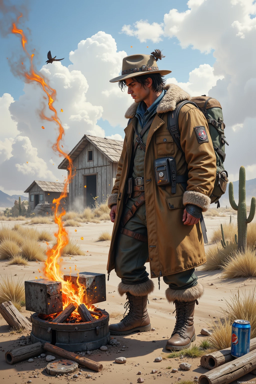 Realistic high quality photo. A rugged male survivor, 33, with tousled dark hair, brown eyes, sun‑kissed skin, wearing a fur‑lined rugged coat, sturdy boots, and a backpack, stands in a windblasted post‑apocalyptic field rebuilding a shelter from scavenged metal while a makeshift grill forged from a car door sparks beside him; a half‑cactus and a soda can float in the gust, and a sparrow perches on his hat.