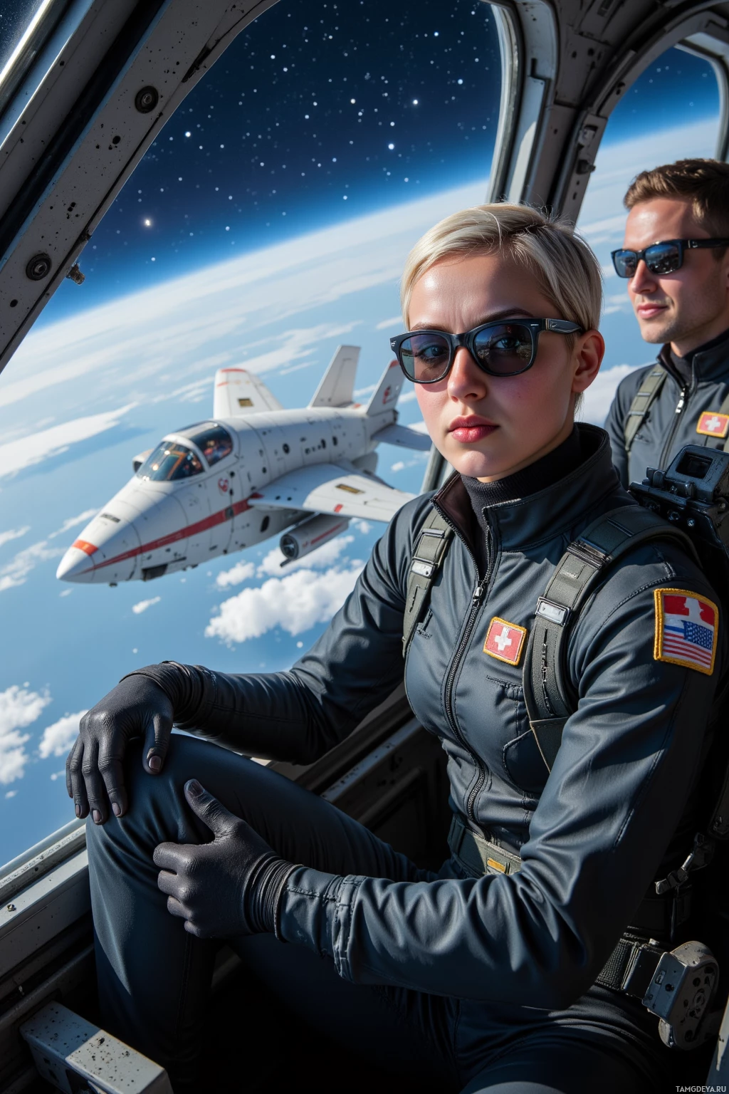 Realistic high quality photo. A 23‑year‑old slender woman with short silver hair, piercing blue eyes, wearing a sleek form‑fitting flight suit and aviator sunglasses, tightening rivets on the left wing of a sleek starship inside a gravity tunnel, with a bright asteroid belt streaking outside the cockpit windows, laser‑precision autopilot display glowing, crew members grinning behind her, all under a star‑filled sky.