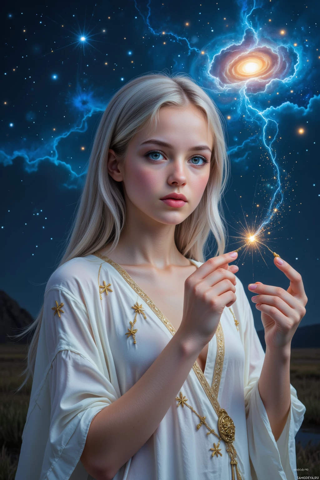 Realistic high quality photo. A young woman with long silver hair, blue star‑reflecting eyes, porcelain skin, high cheekbones, and a small delicate nose, wearing flowing white robes embroidered with golden constellations and a softly glowing crystal pendant, stands on a moonlit clearing at night, tracing a swirling nebula with her fingertips as stardust ripples around her, surrounded by the faint glow of distant galaxies, the scent of moonlit herbs and old parchment, her calm, aloof posture exuding cosmic empathy.