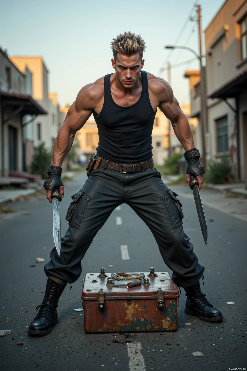 Realistic high quality photo. A tall, athletic male with short spiky blonde hair, piercing blue eyes, pale skin, wearing a simple tank top, combat pants, and custom claw gloves, fiercely brandishing steel blades in a silent, post‑apocalyptic street at dusk, fighting over a rusted car battery amid scorched metal wreckage and shattered debris.