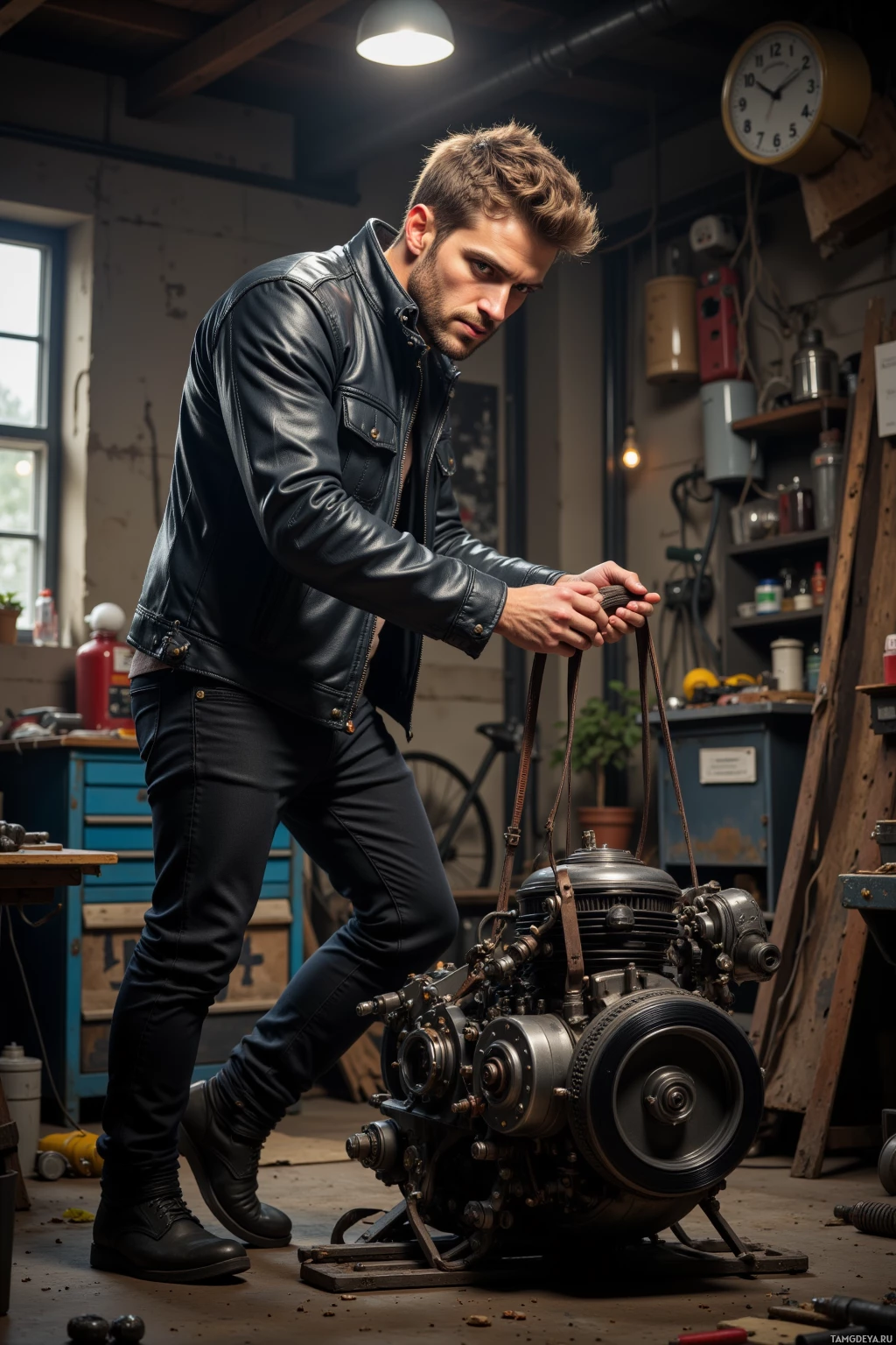 Realistic high quality photo. A 27-year-old man with short brown hair, piercing blue eyes, tanned skin, wearing a black leather jacket, dark jeans, and worn motorcycle boots, stands in a cluttered workshop holding a cracked timing belt over a motorcycle engine, surrounded by scattered tools and a single overhead bulb casting sharp shadows, his focused stance showing precision while a subtle rebellious grin hints at his impulsive streak.