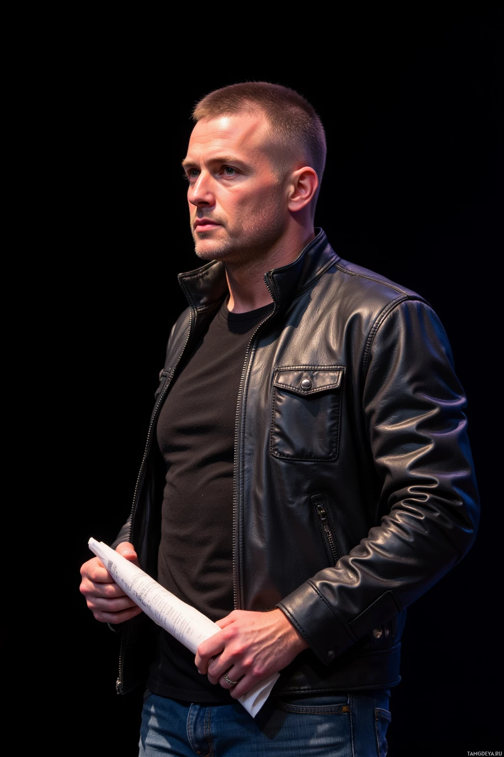 Realistic high quality photo. A 42-year-old man with buzz‑cut light brown hair and green eyes, wearing a fitted black T‑shirt and a worn leather jacket, stands alone on a dimly lit stage after applause, holding a script in one hand, his posture tense yet composed, reflecting deep analytical focus in the quiet late evening.