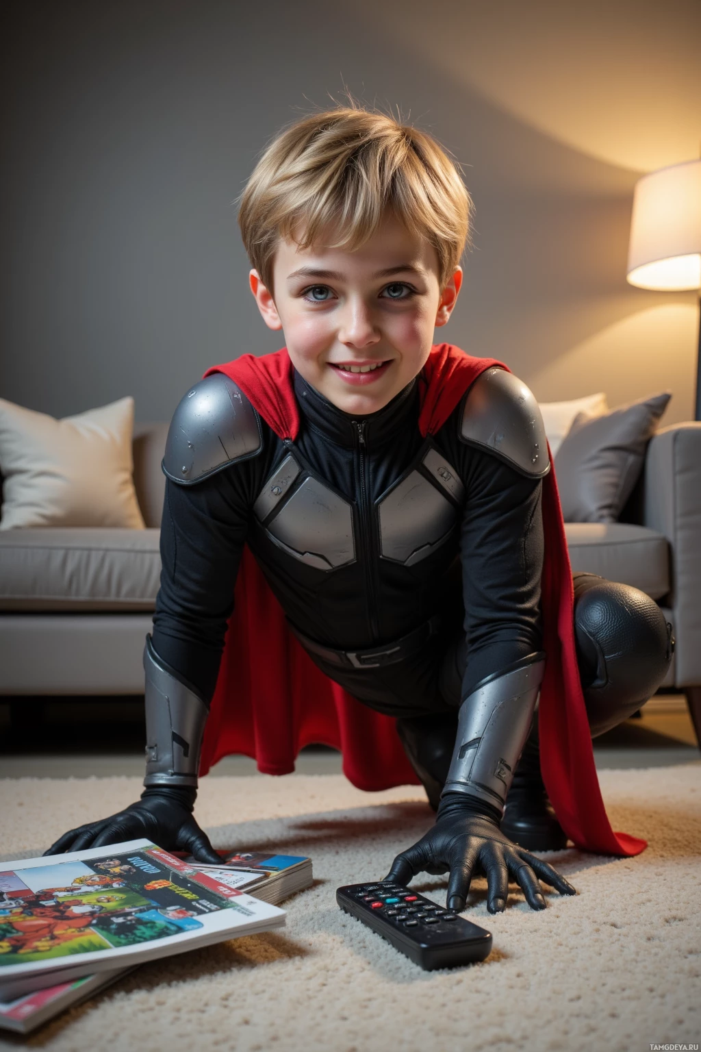 Realistic high quality photo. An 11‑year‑old boy with short messy blonde hair, bright blue eyes, and a cheerful smile, wearing a sleek black and gray superhero suit with subtle raccoon patterns, a flowing red cape, and a lightweight mask, crouched in a modern living room on a couch with cushions, intently searching for a hidden remote behind a pile of comic books on the floor, with soft lamp light highlighting his playful heroism.