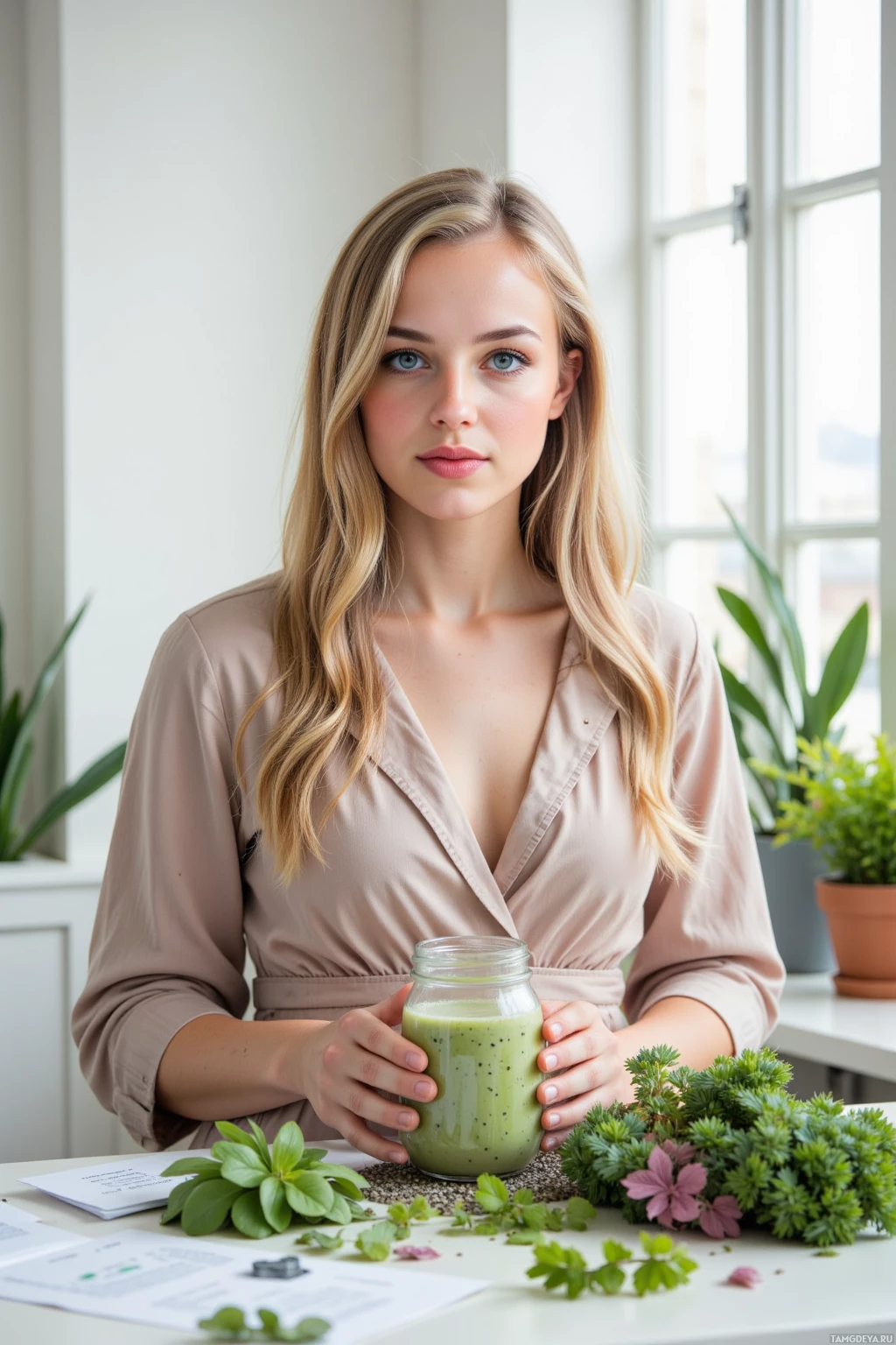 Realistic high quality photo. Woman, 28, long blonde hair, blue eyes, pale skin, wearing eco‑friendly elegant outfit with subtle floral patterns, high cheekbones, small nose, soft smile, standing in a bright modern office, arranging a tiny micro‑garden made of printer toner sheets and recycled staples on her desk, holding a clear jar of green compost smoothie, surrounded by desk plants shaped like paper files, natural light streaming through a window.