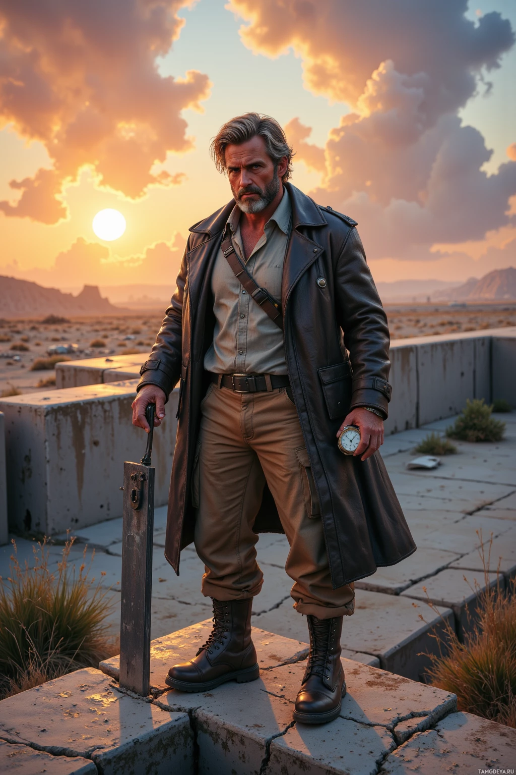 Realistic high quality photo. A 32‑year‑old gruff man with light brown hair streaked with silver, blue eyes, sunworn skin, wearing a weathered leather coat, khaki cargo pants, and thick‑soled boots, stands on a cracked concrete ledge in a post‑apocalyptic wasteland at dusk, holding a pocket watch and a ledger, measuring a ridge with a straightedge under a harsh sun glare while wind rattles broken concrete around him, preparing for the night.