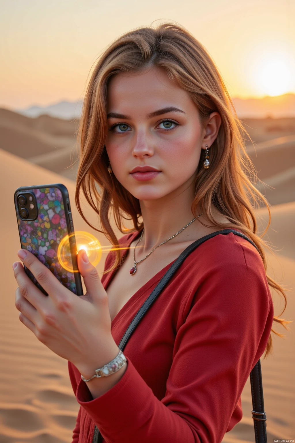 Realistic high quality photo. Female, 22, chestnut hair in loose waves, bright blue eyes, fair skin, full lips, straight nose, wearing a bold, trendy outfit with chunky jewelry and a stylish handbag, standing on a desert dune at sunset, holding a smartphone for a selfie with a hologram glow surrounding the phone, vibrant and outgoing pose.
